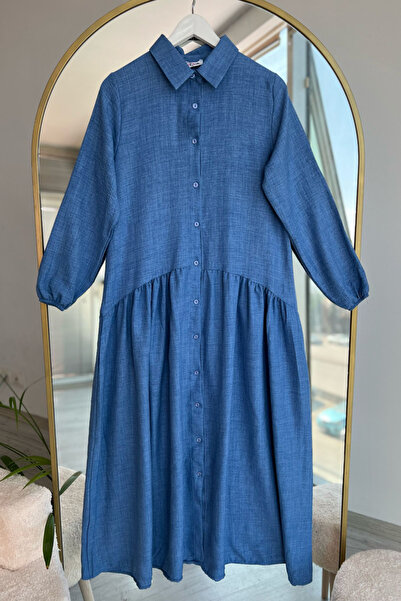 Kirazca Butik Γυναικείο φόρεμα με μπλε κουμπιά Kiloş λινό μείγμα