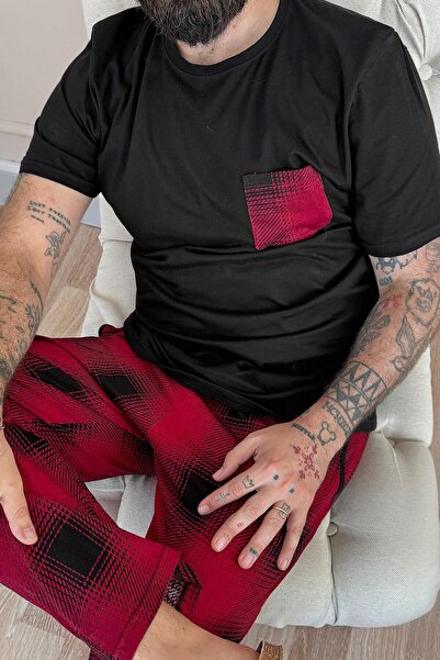 Pijamaevi Σετ ανδρικές πιτζάμες με κοντό μανίκι μαύρη καρό τσέπη