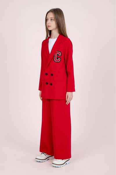 wakawakakidsstore Crepe Fabric Appliqued Button Closure Bazer Jacket Suit - Red