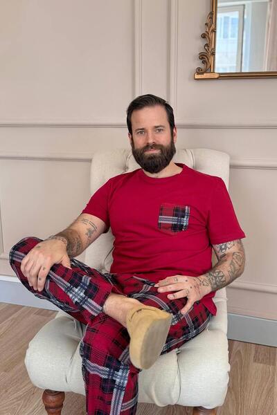 Pijamaevi Bordo Ekose Cep Detay Kısa Kollu Erkek Pijama Takımı