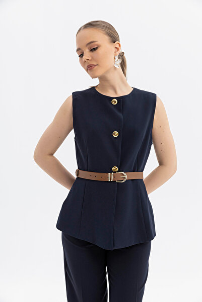 SOFT Stylish Vest with Gold Button Faux Leather Belt