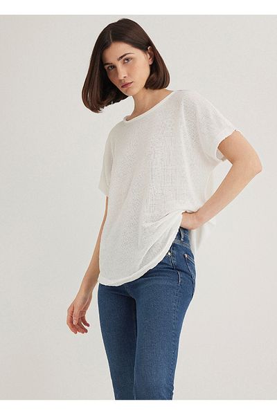 Mavi tricou din poliester texturat cu decolteu în V pe spate