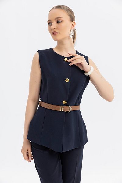 SOFT Stylish Vest with Gold Button Faux Leather Belt