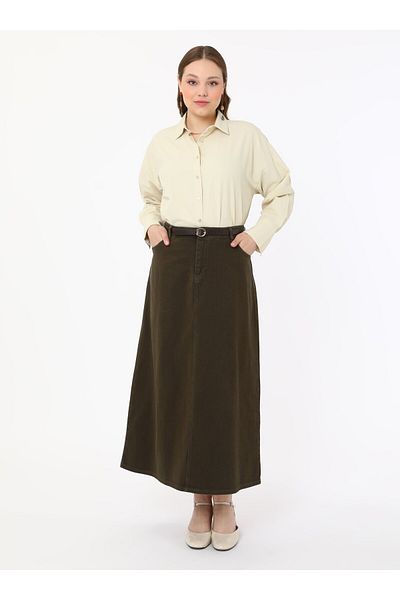 ALİA Plus Size Denim Skirt - Khaki - Alia