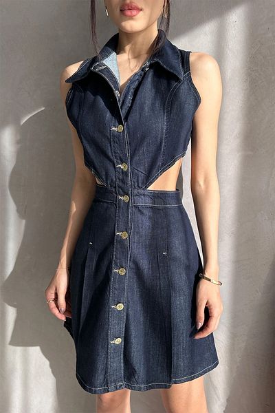 bacc Women's Navy Blue Sleeveless Low-Cut Special Design Jean Dress Bcdf- 253607