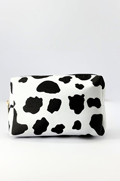 Bersia Дамска чантичка за гримове с шарка на крава в черно и бяло - водоустойчив органайзер за пътуване с цип