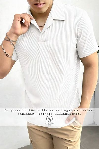 NewCabin Ανδρικό μπλουζάκι με γιακά πόλο από ύφασμα με ραβδώσεις 2025 New Season