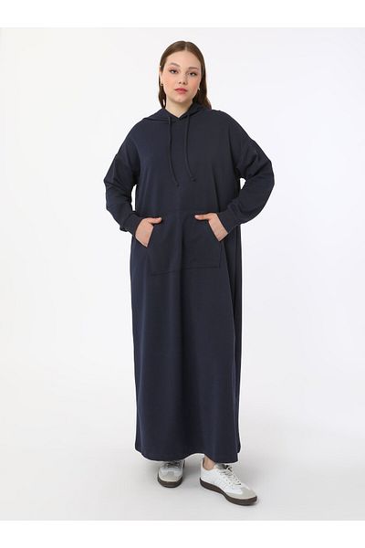 ALİA Cotton Hooded Sports Plus Size Dress - Navy Blue - Alia
