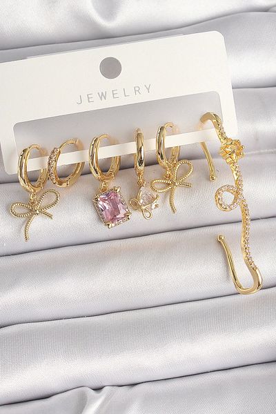 Clariss Pink Square Zircon Stone Heyf Brass Gold Color Hanging Ribbon Model Women's Earring Set