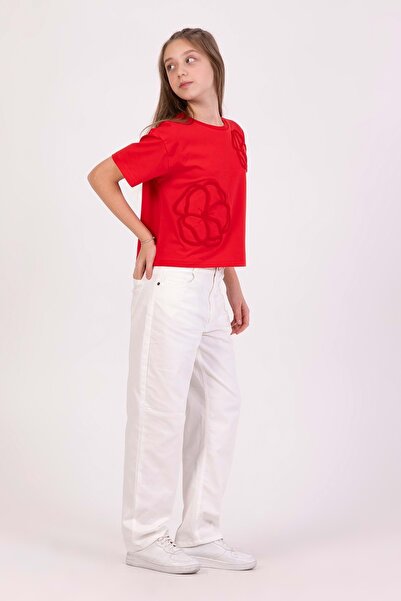 wakawakakidsstore Flower Knitted Appliqued Crew Neck Girl's T-Shirt - Red