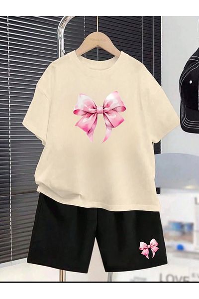 Serays moda Ribbon printed girls' combed cotton shorts set