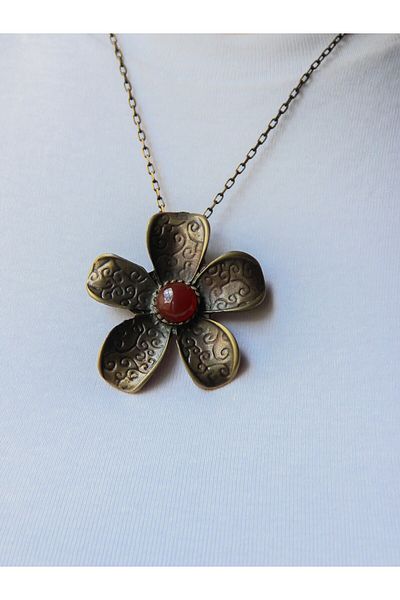 esha Natural Stone Agate Natural Gemstone Flower Patterned Authentic Women's Necklace with 45 cm Chain Euk25A