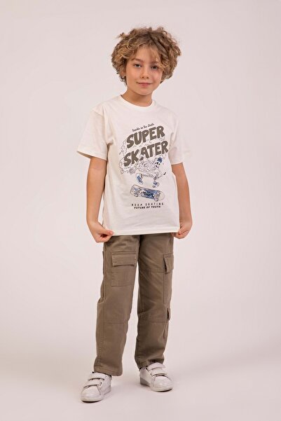 wakawakakidsstore Αγόρι μπλουζάκι με στάμπα Skateboard Crew Neck - Κρέμα