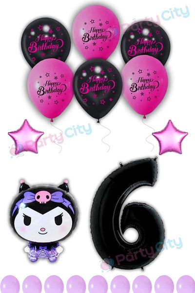 Party City Kuromi Balloon Foil Themed 6Th Birthday Celebration-Happy Birthday Fuchsia Black Balloon-Birthday Party Set