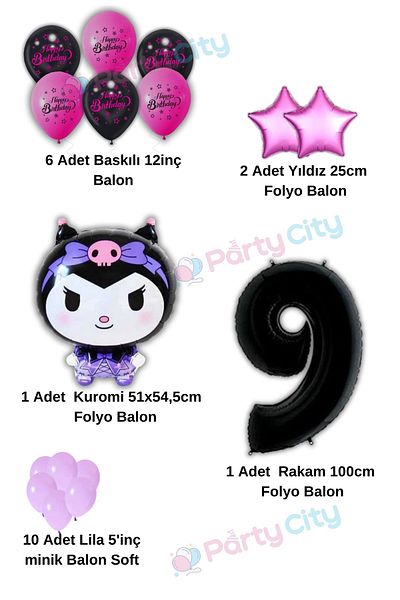 Party City Kuromi Balloon Foil Themed 9Th Birthday Celebration-Happy Birthday Fuchsia Black Balloon-Birthday Party Set