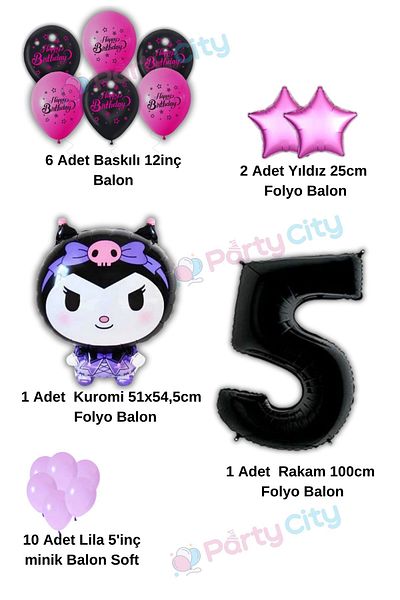 Party City Kuromi Balloon Foil Themed 5Th Birthday Celebration-Happy Birthday Fuchsia Black Balloon-Birthday Party Set