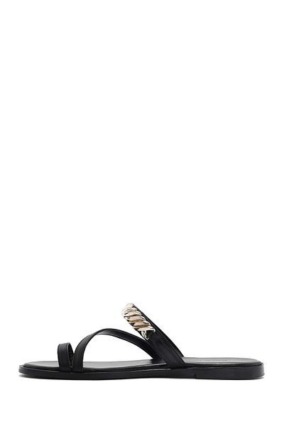 Derimod Women's Black Stone Flip Flops Leather Slippers 25Sfd 160618
