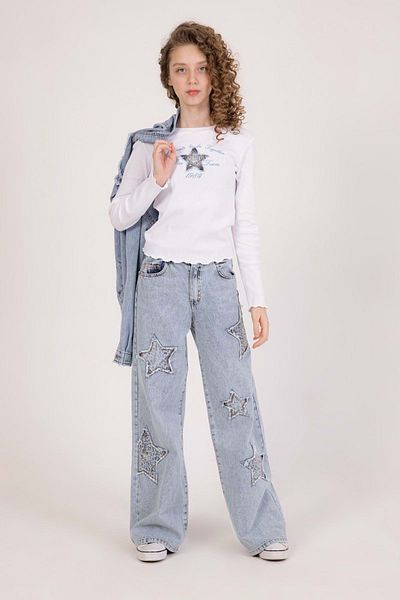 wakawakakidsstore Star Appliqued Sequin Embroidered Girls' Jeans - Blue