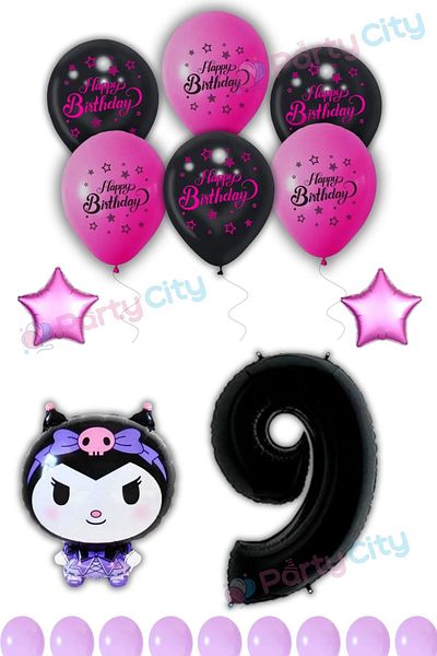 Party City Kuromi Balloon Foil Themed 9Th Birthday Celebration-Happy Birthday Fuchsia Black Balloon-Birthday Party Set