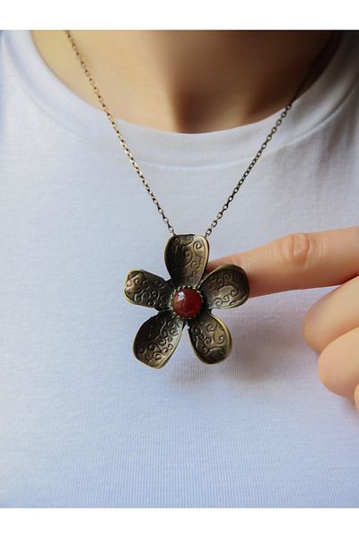 esha Natural Stone Agate Natural Gemstone Flower Patterned Authentic Women's Necklace with 45 cm Chain Euk25A