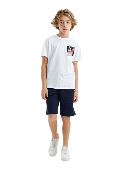 wakawakakidsstore Costum pentru băieți - Tricou alb cu imprimeu și pantaloni scurți bleumarin