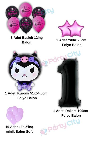 Party City Kuromi Balloon Foil Themed 1St Birthday Celebration-Happy Birthday Pink Black Balloon-Birthday Party Set