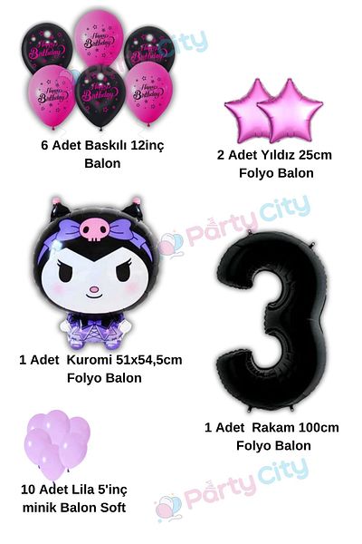 Party City Σετ για πάρτι γενεθλίων με θέμα το Kuromi Balloon Foil 3 Years Celebration-happy Birthday Fuchsia Black Balloon