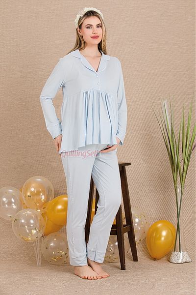 quilling Set de pijamale de maternitate Lady 3301 cu mâneci scurte, de culoare albastră și cu plăcuță adâncă