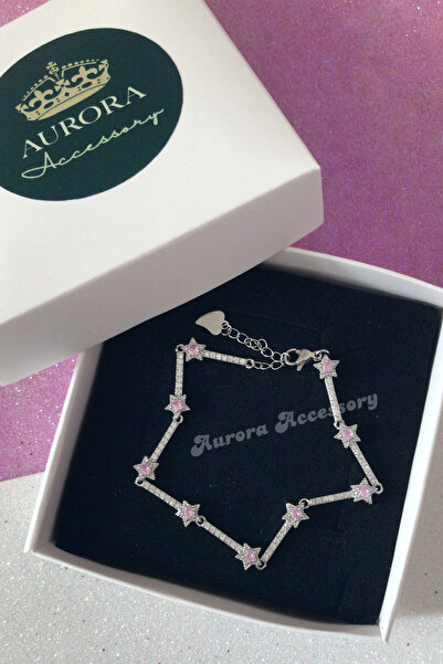 AurorAccessory سوار ميني ستار سكاي بحجر الزركون الأبيض الوردي مقاس 16+ 2 سم