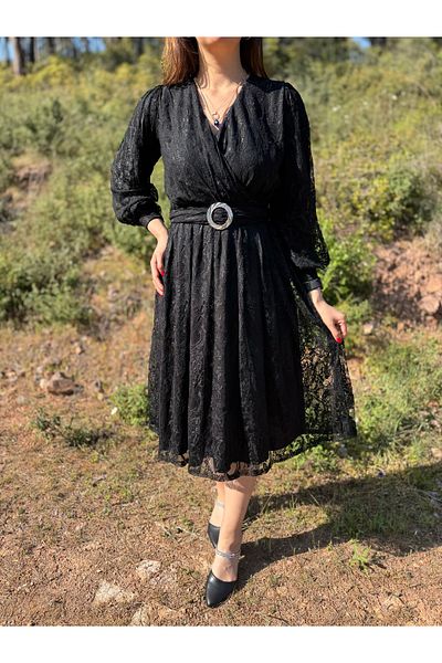 avzem Black Midi Length Double Breasted Neckline All Lace Lined Flared Evening Dress Wedding Engagement Henna Night Invited Dress