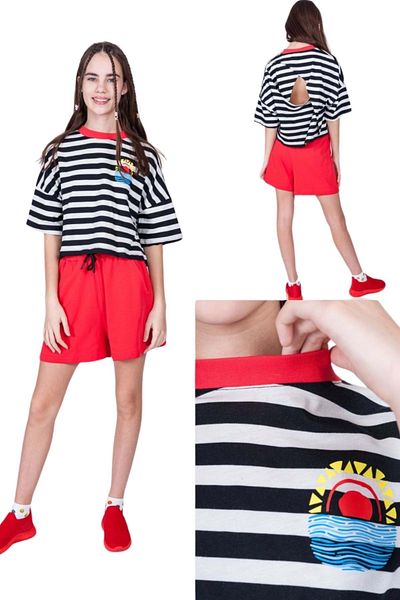 wakawakakidsstore Open Back Striped Girl's Crop Top and Red Shorts Set - Red