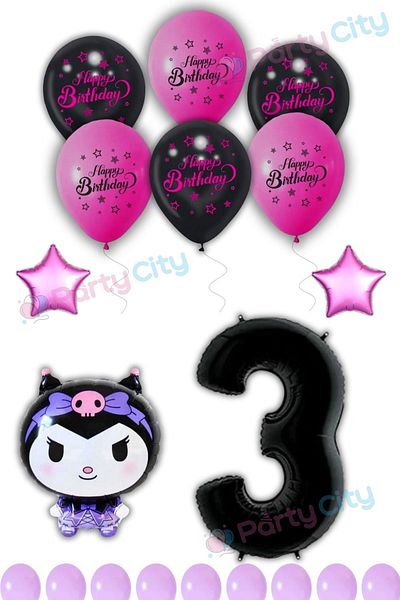 Party City Σετ για πάρτι γενεθλίων με θέμα το Kuromi Balloon Foil 3 Years Celebration-happy Birthday Fuchsia Black Balloon