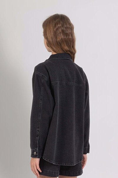 wakawakakidsstore Cămașă de blugi pentru fete cu aplicații de stea și închidere cu nasturi - afumată