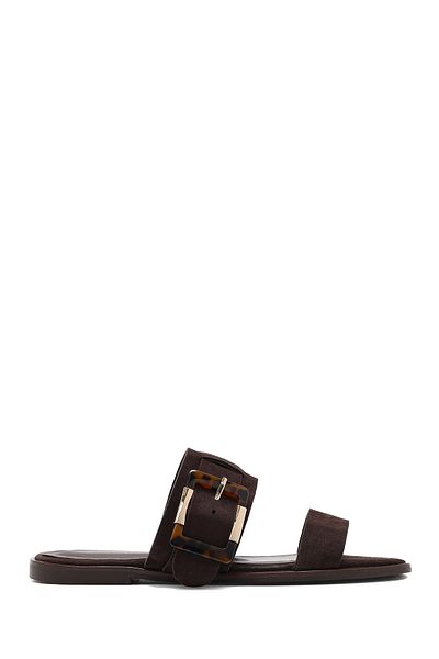 Derimod Women's Brown Buckle Suede Leather Slippers 25Sfd 160710