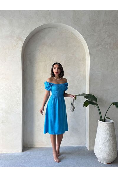 HARVESSE Rochie midi din in, elegantă, cu decolteu barcă