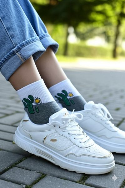 Lynare 2-Piece Extra Comfortable Quality Cactus Patterned Scented Seamless College Tennis Socks