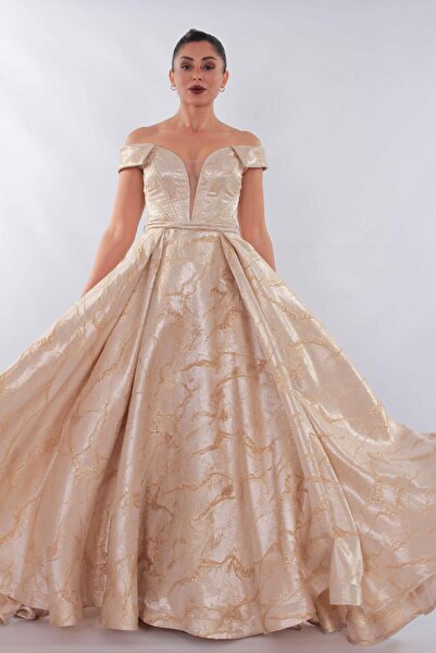 aşkın göksu Gold Düşük Kol Belden Kordeneli Göğüs Transparan Jakarlı Kadın Abiye