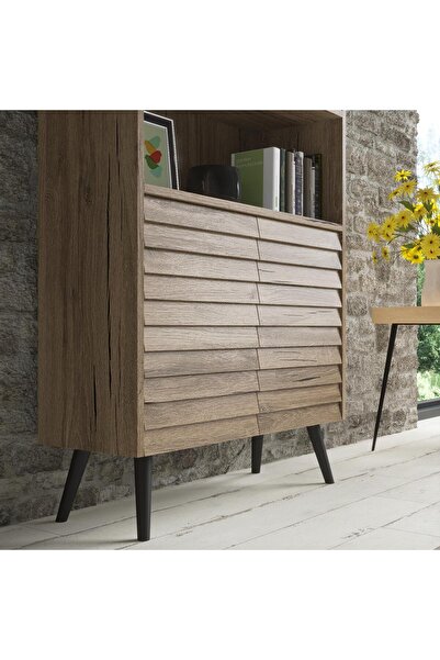 Wood'n Love Della Premium 6 Raflı 2 Kapaklı Panjur Desenli Kitaplık - Minifiks - Pera / Siyah