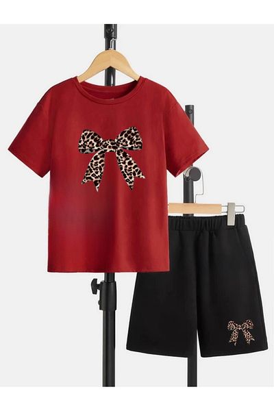 Serays moda Ribbon printed girls' combed cotton shorts set