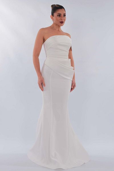 aşkın göksu White Strapless Neckline Low Sleeve Women's Evening Dress with Draped Waist