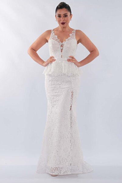 aşkın göksu Ekru Kalın Askılı V Yaka Dantel Balık Kadın Abiye