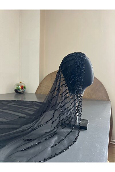 ZEN DUVAK Siyah Nakışlı Prenses Model Gelin Duvağı