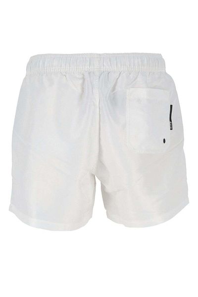 EA7 Men's White Swim Trunks with Stripe Sides and Elastic Waistband and Drawstring Tie Quick Drying Stretchy Fabric 7m00