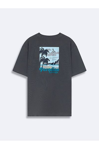 Ltb Short Sleeve Crew Neck Back Printed Loose Anthracite T-Shirt