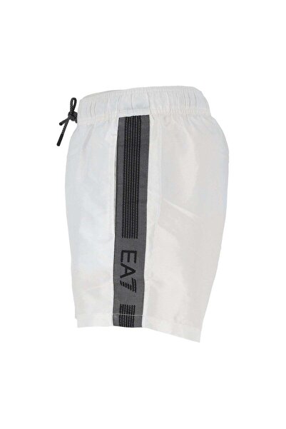 EA7 Men's White Swim Trunks with Stripe Sides and Elastic Waistband and Drawstring Tie Quick Drying Stretchy Fabric 7m00