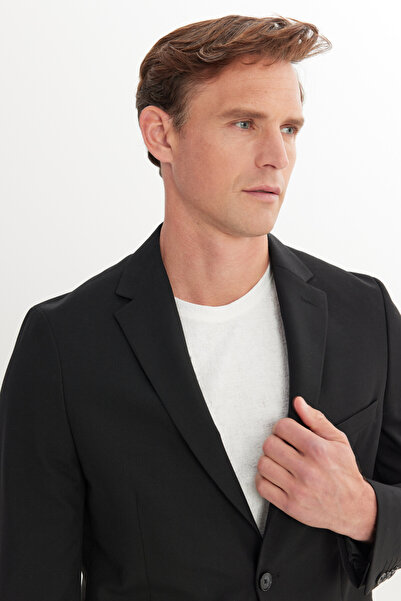 ALTINYILDIZ CLASSICS Ανδρικό μαύρο μάλλινο μπουφάν με λεπτή εφαρμογή μονόχρωμο σακάκι με τσέπη