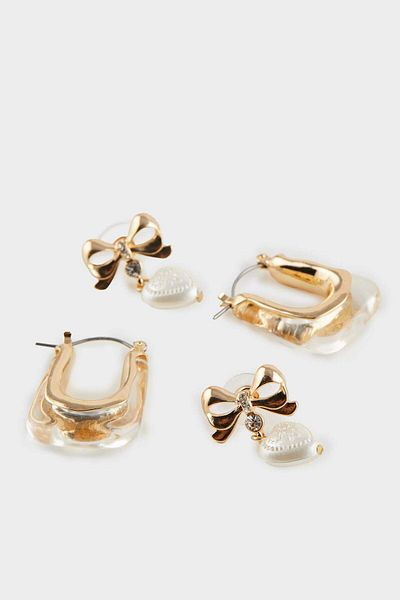 DeFacto Women's 2-Piece Pearl Detailed Gold Earrings F0718Axns