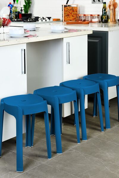 İronika Kaymaz Ayaklı Dekoratif İç İçe Geçebilen Plastik Tabure Mutfak Bahçe Taburesi 4 Adet Lacivert