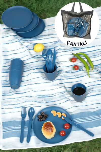 İronika Picnic Set for 6 People - 31 Pieces Plastic Cup and Spoon Knife Dinner Breakfast Set - Navy