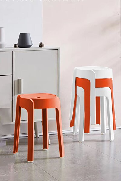 İronika Kaymaz Ayaklı Dekoratif Iç Içe Geçebilen Plastik Tabure Mutfak Bahçe Taburesi 4 Adet Turuncu Beyaz